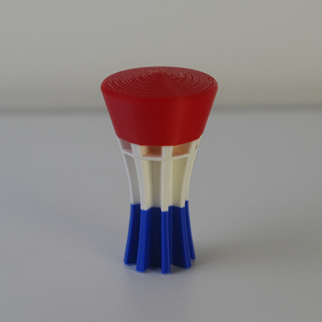 Red, white, and blue Vukovar water tower on blank white background